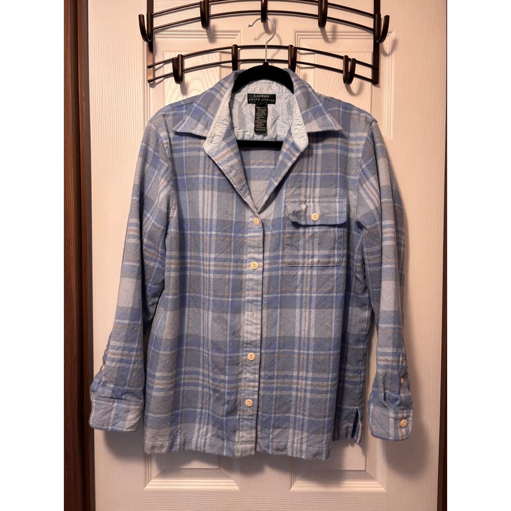 Lauren Ralph Lauren 100% Wool Plaid Button Down Shirt Blue White L RN54050